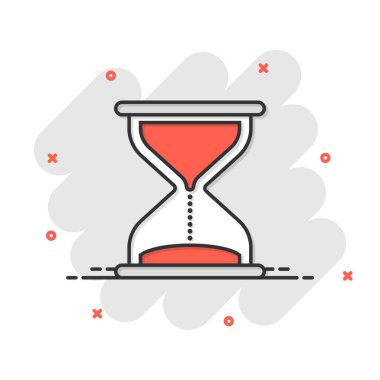 Çizgi roman tarzında kum saati simgesi. Beyaz izole edilmiş arka planda kum camı çizimi. Saat sıçrama etkisi iş konsepti.