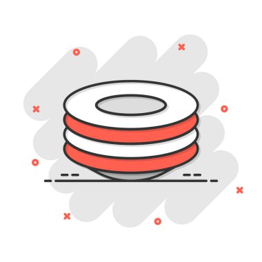 Çizgi roman tarzında tabak simgesi. Beyaz izole edilmiş arkaplanda tabak çizgi filmi vektör çizimi. Masa takımı sıçrama efekti iş konsepti.