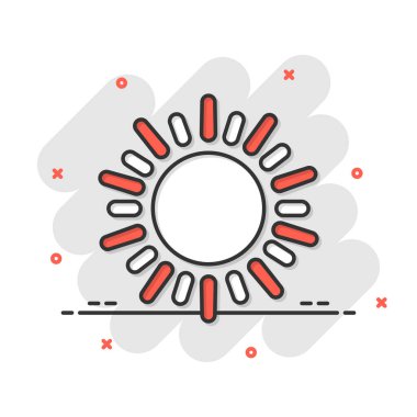 Komik bir güneş ikonu. Beyaz izole arkaplanda güneş ışığı çizgi film işareti vektör çizimi. Gün ışığı sıçrama etkisi iş konsepti.