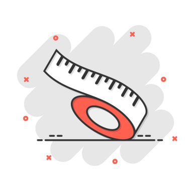 Çizgi roman tarzında mezura simgesi. Beyaz izole edilmiş arka planda cetvel çizgi film işaret vektör çizimi. Ölçek sıçrama etkisi iş konsepti.