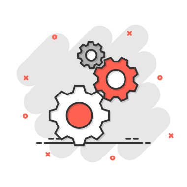 Çizgi roman tarzında dişli vektör simgesi. Beyaz izole arkaplanda çark çizimi. Çarklı çark sıçrama etkisi iş konsepti.