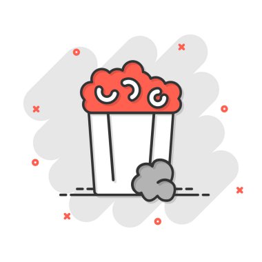 Komik bir film ikonu. Beyaz izole edilmiş arka planda patlamış mısır çizgi filmi vektör çizimi. Patlamış mısır kovası sıçrama efekti iş konsepti.