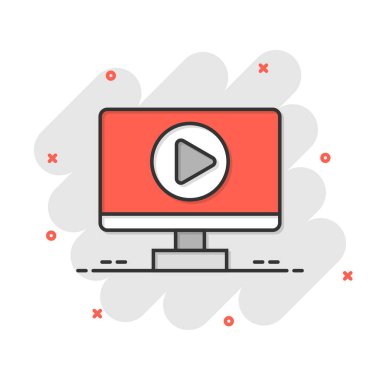 Çizgi roman tarzında televizyon ekranı simgesi. Beyaz izole edilmiş arka planda video karikatür vektör çizimi. Bilgisayar monitörü sıçrama etkisi iş konsepti.