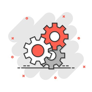 Çizgi roman tarzında dişli vektör simgesi. Beyaz izole arkaplanda çark çizimi. Çarklı çark sıçrama etkisi iş konsepti.