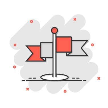 Çizgi roman tarzında bayrak simgesi. Beyaz izole arkaplanda Pin karikatür vektör çizimi. Bayrak direği sıçrama etkisi iş konsepti.