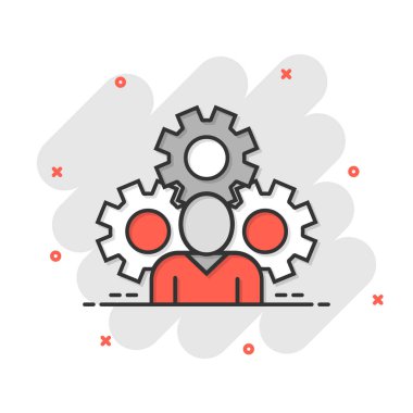 Çizgi roman tarzında vites simgesi olan insanlar. Beyaz izole edilmiş arka planda insan çarklı çizgi film vektör çizimi. Takım çalışması iş dünyasının etkisini artırdı.