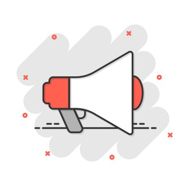 Çizgi roman tarzında megafon hoparlörü ikonu. Beyaz izole edilmiş arka planda Bullhorn çizgi film işareti vektör çizimi. Çığlık duyurusu, sıçrama etkisi iş konsepti.