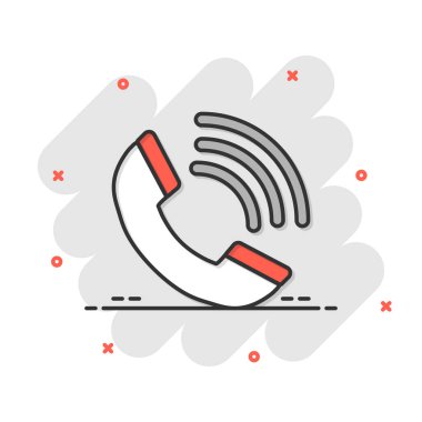 Komik bir telefon ikonu. Telefon çağrısı, beyaz izole edilmiş arka planda çizgi film vektör çizimi. Mobil yardım hattı sıçrama etkisi iş konsepti.