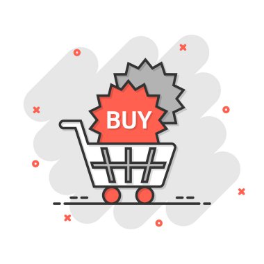 Çizgi roman tarzında online alışveriş yıldızı ikonu. Beyaz izole edilmiş arkaplanda düğme vektör çizimi satın al. E-ticaret sıçrama etkisi iş konsepti.