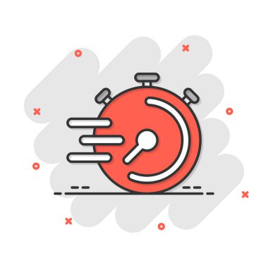 Çizgi roman tarzında saat simgesi. Beyaz izole edilmiş arka plandaki çizgi film vektör çizimini izleyin. Zamanlayıcı sıçrama etkisi iş konsepti.