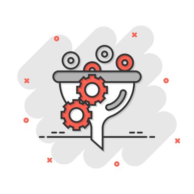 Çizgi roman tarzında filtre simgesi. Beyaz izole arkaplanda huni çizgi film vektör çizimi. Kimyasal koni sıçrama etkisi iş konsepti.