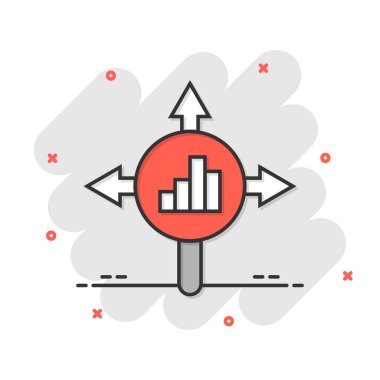 Çizgi roman tarzında pazar eğilimi simgesi. Beyaz izole arkaplanda büyüteç çizgi film vektör illüstrasyonuyla büyüyen ok. Sıçrama etkisi iş konseptini arttır.