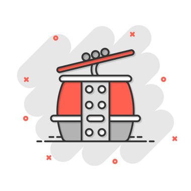 Çizgi roman tarzında kablo araba simgesi. Asansör kabini karikatür vektör çizimi beyaz izole arka planda. Cableway iş konsepti sıçratma etkisi.