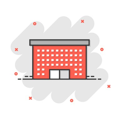 Çizgi roman tarzında bir yapı ikonu. Kentin gökdelen dairesi beyaz izole edilmiş arka planda vektör çizimi. Şehir kulesi su sıçrama etkisi iş konsepti.