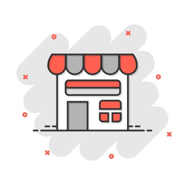 Çizgi roman tarzında bir yapı ikonu. Beyaz izole edilmiş arka planda ev çizgi filmi vektör çizimi. Ev sıçrama etkisi iş konsepti.