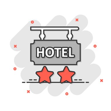 Otel 2, çizgi roman tarzında işaret simgesi. Beyaz izole edilmiş arka planda Inn karikatür vektör çizimi. Yurt odası bilgisi su sıçratma etkisi iş konsepti.