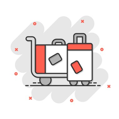 Çizgi roman tarzında seyahat çantası ikonu. Beyaz izole edilmiş arka planda bavul vektör çizimi. Bagaj sıçrama etkisi iş konsepti.