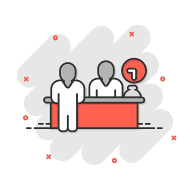 Resepsiyon simgesini çizgi roman tarzında kontrol et. Beyaz izole edilmiş arkaplanda servis karikatürü çizimi. Otel rezervasyonu çarpma etkisi iş konsepti.