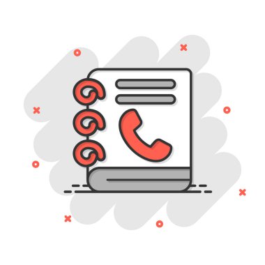 Çizgi roman tarzında adres defteri simgesi. Telefon defteri, beyaz izole edilmiş arka planda vektör çizimi. Acil yardım hattı etki iş konsepti.