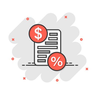 Komik bir vergi ödeme ikonu. Beyaz izole edilmiş arka planda bütçe fatura karikatür vektör çizimi. Belge sıçrama etkisi iş kavramını hesapla.