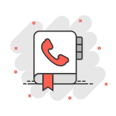 Çizgi roman tarzında adres defteri simgesi. Telefon defteri, beyaz izole edilmiş arka planda vektör çizimi. Acil yardım hattı etki iş konsepti.