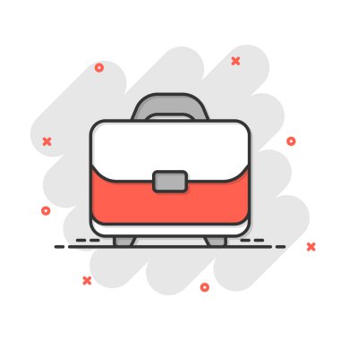 Çizgi roman tarzında evrak çantası simgesi. Beyaz izole edilmiş arka planda iş adamı çantası karikatür çizimi. Portföy sıçrama etkisi iş konsepti.