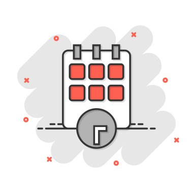 Çizgi roman tarzında saat simgesiyle takvim. Beyaz izole edilmiş arka planda ajanda vektör çizimi. Zamanlama zaman planlayıcısı sıçrama etkisi iş konsepti.