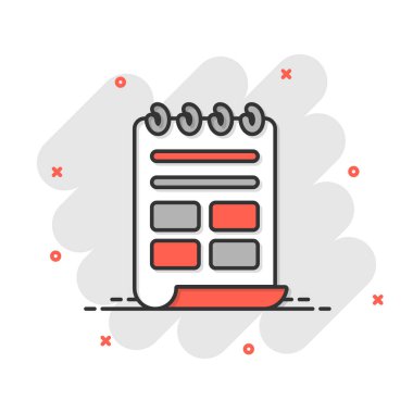 Çizgi roman tarzında belge notu simgesi. Beyaz zemin üzerinde kağıt sayfa çizgi film vektör çizimi. Not defteri belgesi sıçrama etkisi iş konsepti.