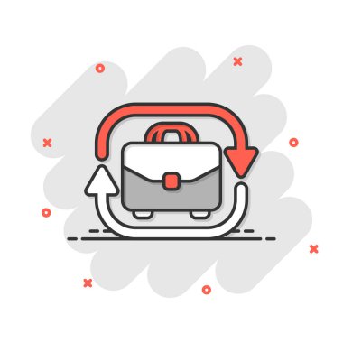 İçinde çizgi roman tarzında ok simgesi olan evrak çantası. Beyaz izole edilmiş arka planda iş adamı çantası karikatür çizimi. Portföy sıçrama etkisi iş konsepti.