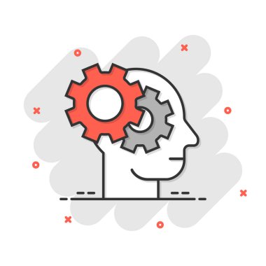 Çizgi roman tarzında çark simgesi olan insan kafası. Beyaz izole edilmiş arka planda teknolojik gelişim çizgi film vektör çizimi. Yüz ve dişli sıçrama etkisi iş konsepti.