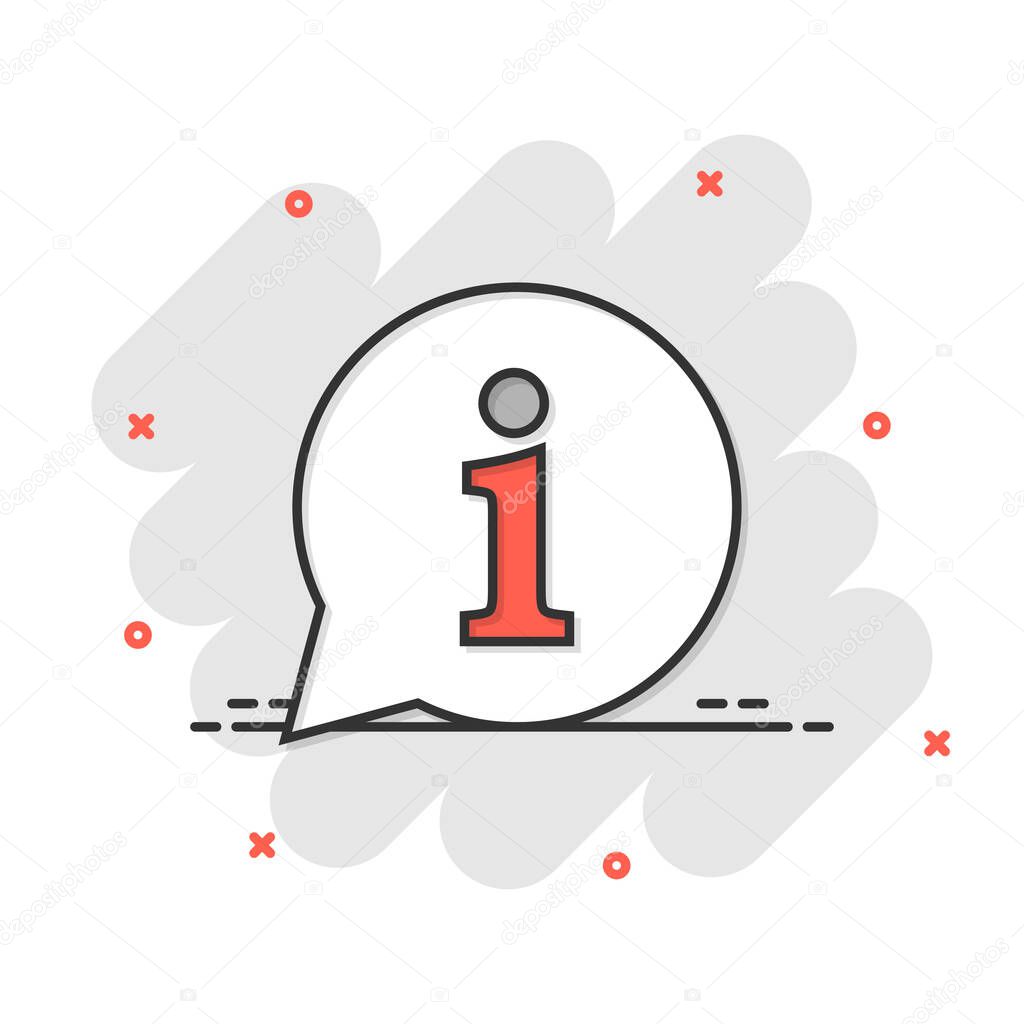 Information icon in comic style. FAQ help cartoon vector illustration on white isolated background. Helpdesk splash effect business concept.