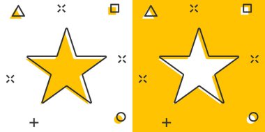 Çizgi roman tarzında bir yıldız ikonu. Beyaz izole edilmiş arkaplanda çizgi film vektör çizimi. Geometrik amblem sıçrama etkisi iş konsepti.