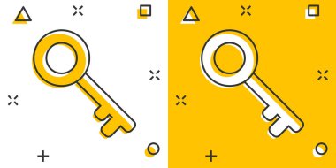 Çizgi roman tarzında anahtar simge. Beyaz izole edilmiş arkaplanda parola çizimi. Sıçrama etkisi iş konseptine erişim.