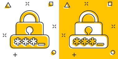 Çizgi roman biçiminde giriş simgesi. Beyaz izole arkaplanda parola erişimi çizgi film vektör illüstrasyonu. Asma kilit giriş sıçrama etkisi iş konsepti.