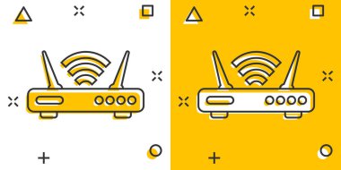 Wifi router simgesi çizgi roman tarzında. Geniş bant karikatür vektör çizimi beyaz izole arkaplanda. İnternet bağlantısı sıçrama etkisi iş konsepti.