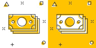 Para birimi banknot simgesi çizgi roman tarzında. Beyaz izole edilmiş arka planda dolar nakit karikatür vektör çizimi. Banknote yasa tasarısı çarpma etkisi iş konsepti.