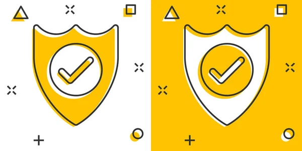 Escudo Con Icono Marca Verificación Estilo Cómico Proteja Ilustración Vectorial — Vector de stock