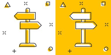 Çizgi roman tarzında kavşak işareti simgesi. Beyaz izole edilmiş arka planda yol yönü vektör çizimi. Yol işareti sıçrama etkisi iş konsepti.