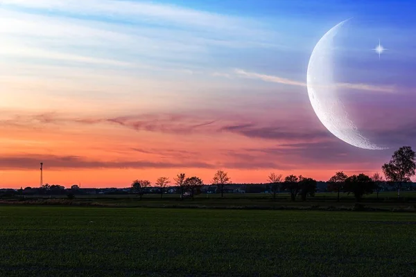 Fondo Del Ramadán Con Cielo Creciente Atardecer Hermoso Amanecer Mañana — Foto de Stock