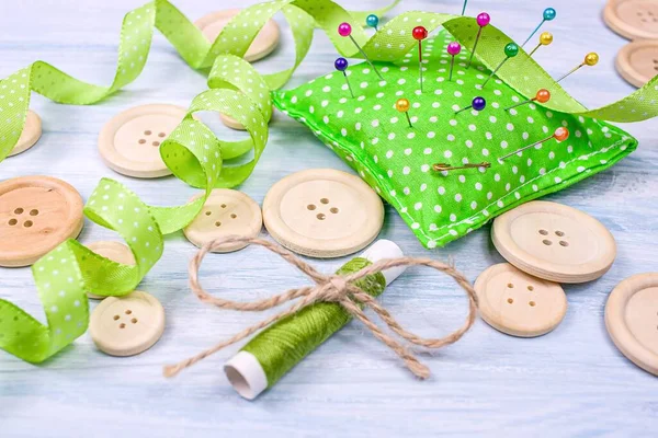 Buttons Table Pins Ribbons Sewing Accessories Dressmaker — Fotografia de Stock