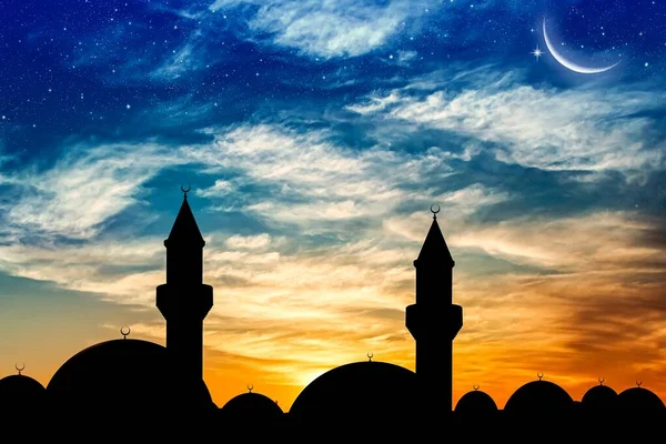 Het Silhouet Van Moskee Tegen Hemel Ramadan Achtergrond — Stockfoto