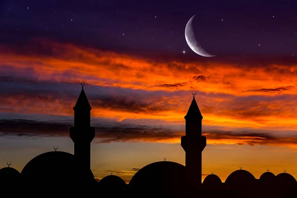 Crescent Maan Met Prachtige Zonsondergang Achtergrond Gulle Ramadan — Stockfoto