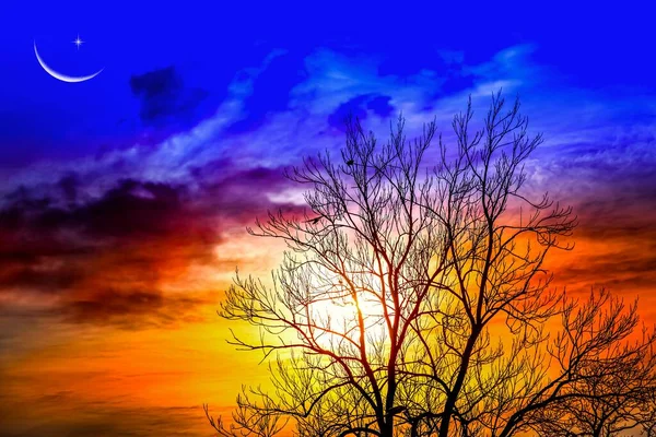 Ραμαζάνι Φόντο Ημισέληνο Και Ουρανό Ηλιοβασίλεμα Όμορφη Αυγή Πρωί — Φωτογραφία Αρχείου