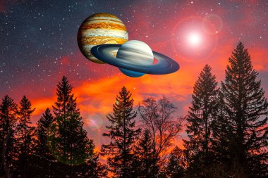 Great Conjunction: Jupiter and Saturn Meet on Solstice.  sky cosmic background . 3 D - image clipart