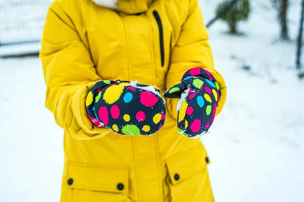 Händerna Handskar Håller Snö Bakgrund Vinterkläder — Stockfoto