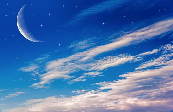 Luna Creciente Con Hermoso Fondo Atardecer Generoso Ramadán Fondo Religión — Foto de Stock