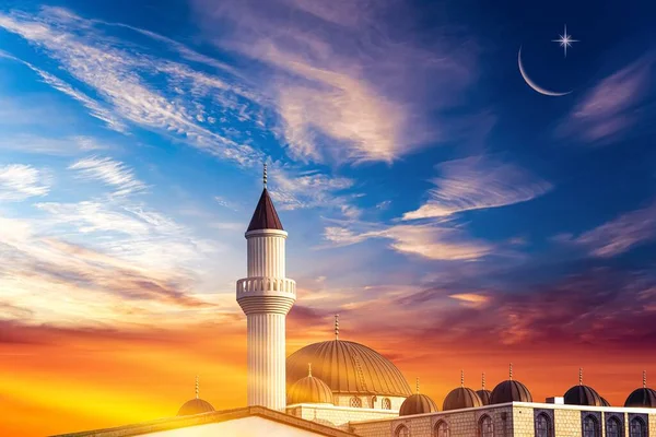 Мечеть Фоне Заката Мирное Небо Луна — стоковое фото