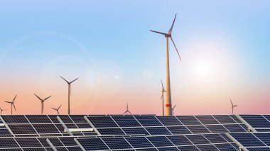 Güneş panelleri ve rüzgar jeneratörleri mavi gökyüzünün altında. yenilenebilir enerji