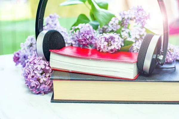 Audio Libro Auriculares Mesa — Foto de Stock