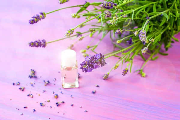 Lavender Oil Purple Background Lavender Bouquet — Stock Photo, Image
